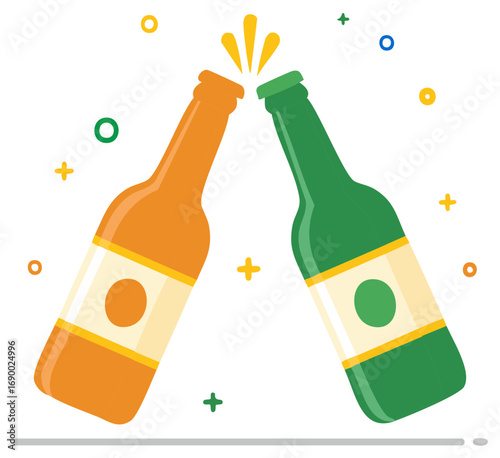 Two bottles clinking together celebrating with colorful confetti and sparkles