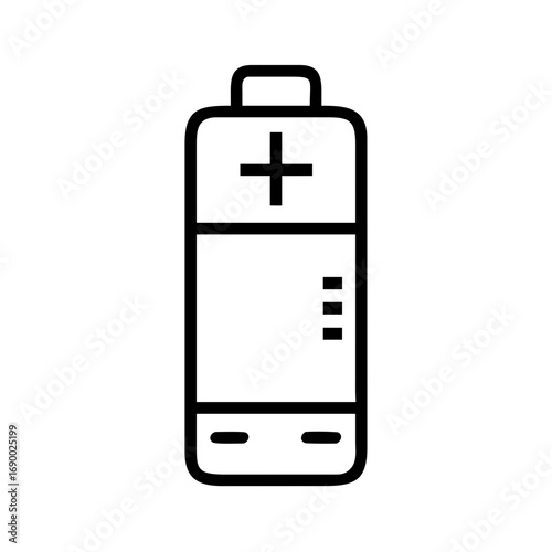A simple outlined battery icon, designed to represent power and energy. It showcases a plus and minus symbol, along with power level indicators