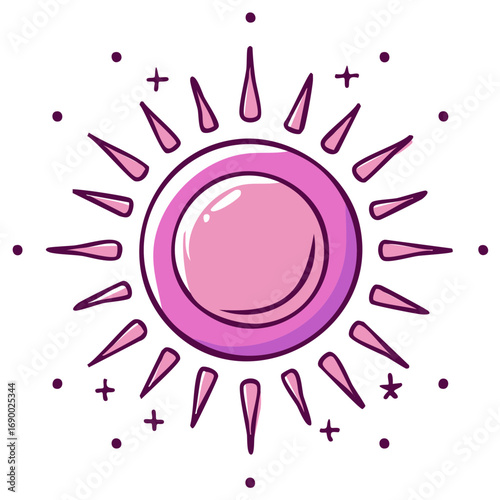 Cute magical pink sun illustration with glossy gem center and celestial sparkles