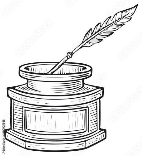 Vintage quill feather pen in an old inkwell hand drawn line art illustration