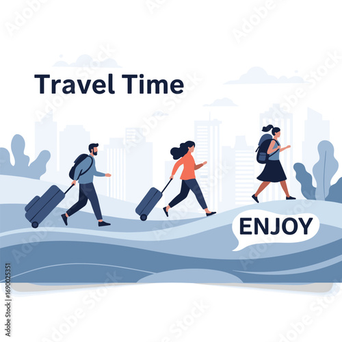 People with luggage rushing through modern city, embracing the joy of travel adventures