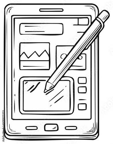 Mobile tablet device with pen stylus interacting with screen showing interface elements sketch