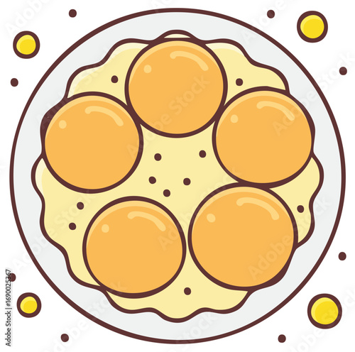 Flat illustration of five golden egg yolks on a white plate with yellow wavy edges