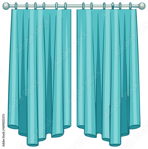 Illustration of teal colored curtains on a silver rod with a white background