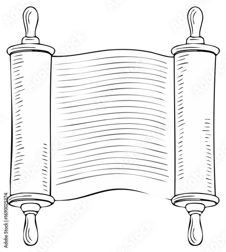 Hand Drawn Antique Scroll with Wooden Handles Illustration for Historical or Religious Documents