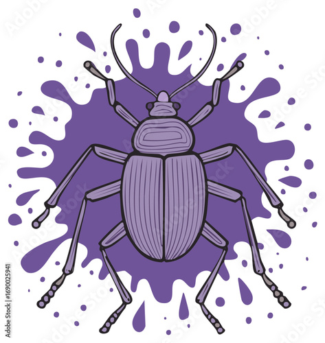 Illustrated beetle on violet paint splatter Insect with long antennae and segmented legs.