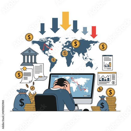 Global financial crisis person stressed over falling market charts and money loss