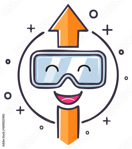 Cartoon face with virtual reality glasses and orange arrow points up, positive mood