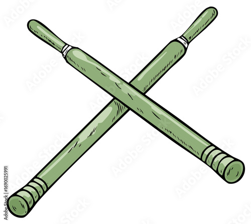 Crossed Green Massage Wands or Martial Arts Sticks Illustration