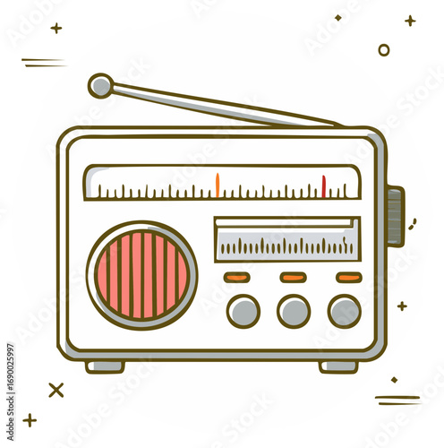 Illustration of a retro radio with antenna, speaker, knobs, and tuning scale.