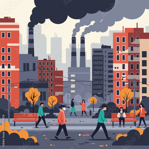 Cityscape with smog-spewing factories and people walking, highlighting environmental pollution concerns