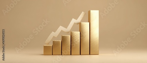 Gold bar graph with rising upward trend showing financial growth and business performance, clean modern data visualization with space for text