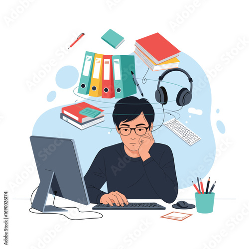 Student overwhelmed by study materials and digital distractions while working on computer