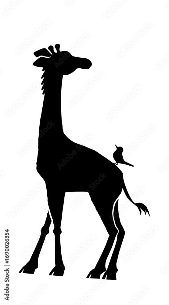 Fototapeta premium Black silhouette of a giraffe standing against a white background