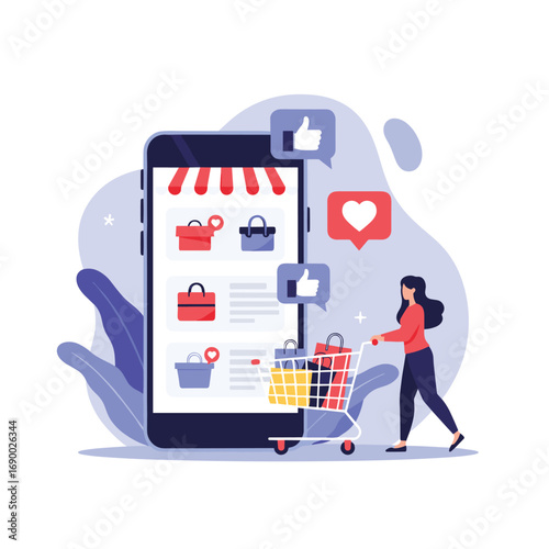 Woman happily shops online using smartphone with cart full of purchases and social media likes
