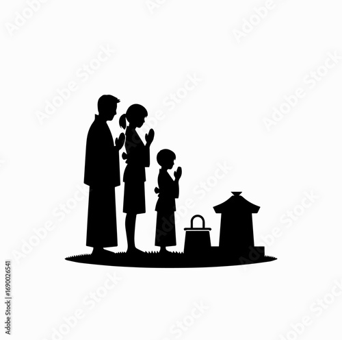 Family Visiting Grave Silhouette – Japanese Autumn Equinox Tradition