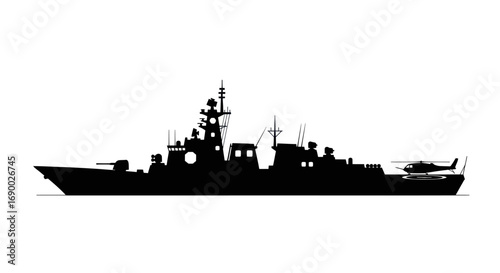 Black silhouette of a modern naval warship with a helicopter on its flight deck.