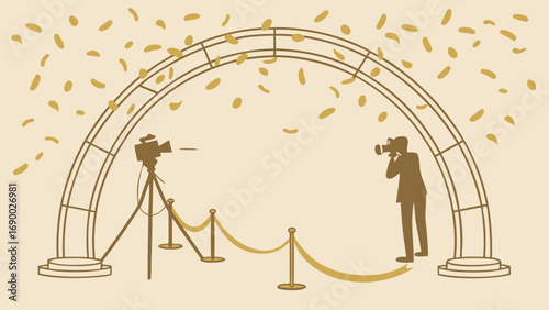Abstract illustration of a film crew setting featuring a camera on a tripod a photographer and a decorative archway with confetti.