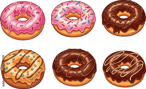Delicious colorful donuts set, chocolate and strawberry glazed donuts, sprinkled donuts, sweet dessert collection, tasty bakery treats illustration