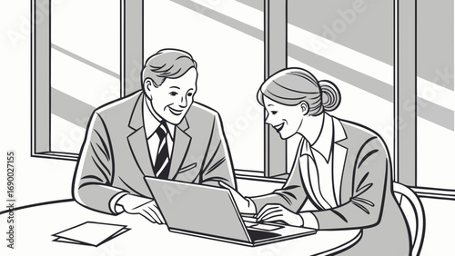 Business colleagues collaborating on a laptop in an office setting.