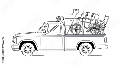 Line Art Illustration of a Pickup Truck Loaded with Moving Boxes and Furniture.