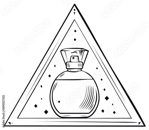 Luxury perfume bottle in triangular frame with sparkling accents minimalist line art illustration