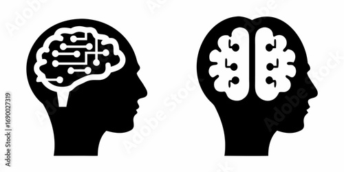 Two head profiles with brain illustrations representing artificial intelligence and human intelligence | editable eps vectors silhouette