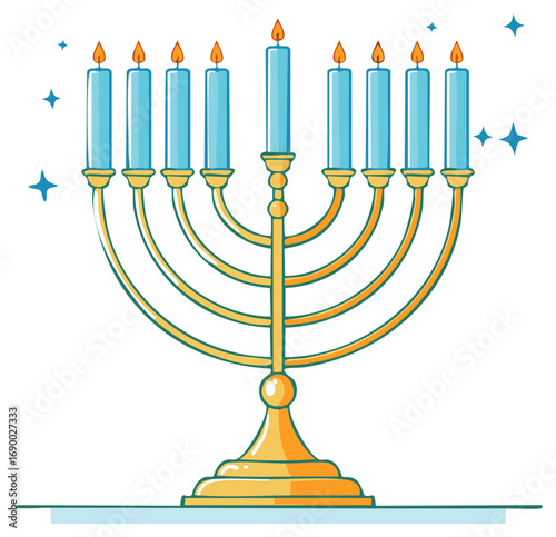 Bright Hanukkah menorah with blue burning candles and festive sparkles
