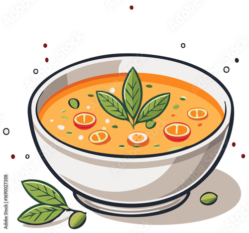 Cartoon Illustration of a bowl of soup with green garnish and toppings