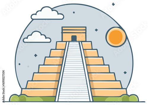 Stylized ancient pyramid temple monument with steep steps under a sunny sky