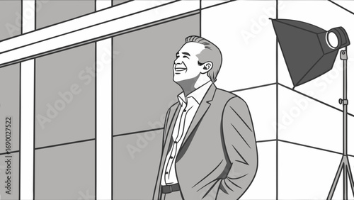 Businessman portrait studio lighting black and white illustration corporate headshot professional image success achievement confident happy joyful optimism positive attitude leadership management exe.