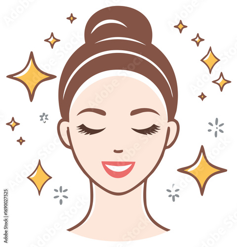 Illustration of a happy woman with glowing clean skin, smiling with eyes closed in a beauty concept