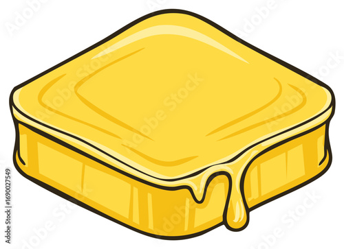 Isometric cartoon illustration of a square block of melted butter with yellow drippings.