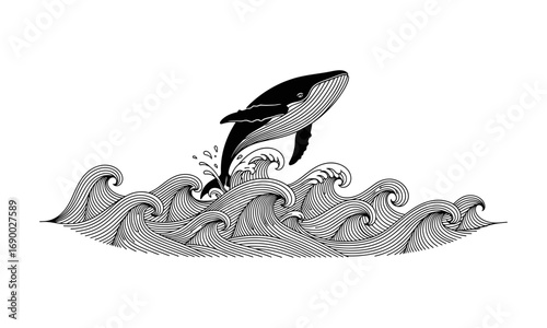 A whale breaching the ocean surface with detailed waves in a black and white artistic illustration style