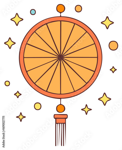 Festive orange lucky wheel design with twinkling stars and decorative tassel illustration