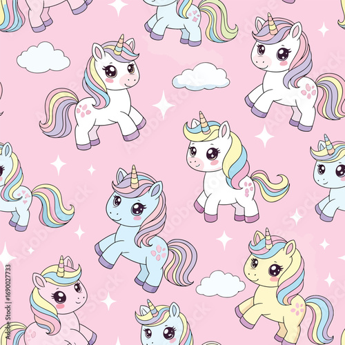 Cute pastel unicorns pattern design on a pink background with glitter sparkles, seamless pattern, Stock royalty free image.