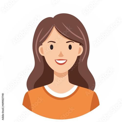 Smiling woman cartoon portrait with long brown hair and orange top