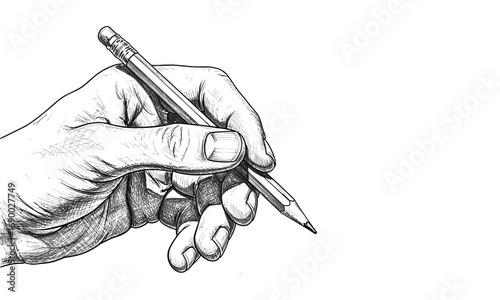 Hand holding a pencil with eraser in a drawing style illustration on a white background for creative projects
