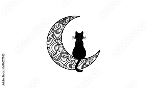 Silhouette of a cat sitting on a crescent moon with spiral patterns and a white background in a drawing