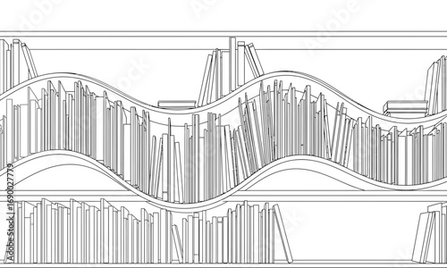 Illustration of bookshelves with books arranged in a wavy pattern on each shelf in a line drawing style