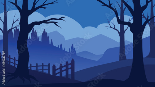 Blue Forest Landscape with Silhouetted Trees, Mountains, and a Fence in a Illustration