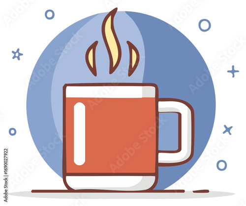 Cozy hot beverage in a vibrant red mug with steam rising against a soft blue circular background