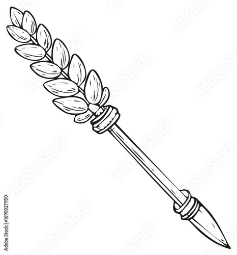 Hand drawn mythological scepter with olive branch and spear tip black and white vector illustration