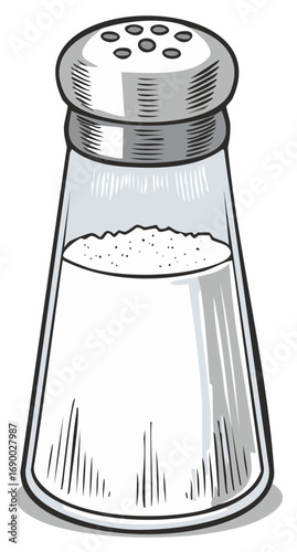 Salt Shaker Illustration of Fine Crystals in Glass Container with Metal Lid