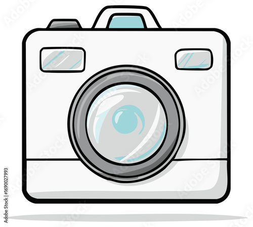 Cartoon illustration of a white camera with black outline and a light blue lens