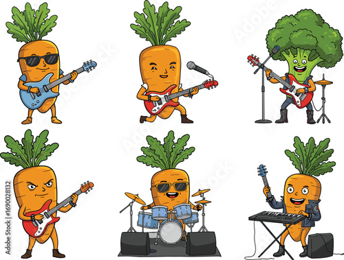 Funny cartoon vegetable band, carrot and broccoli characters playing musical instruments, rock band, music performance, animated veggie musicians, colorful illustration