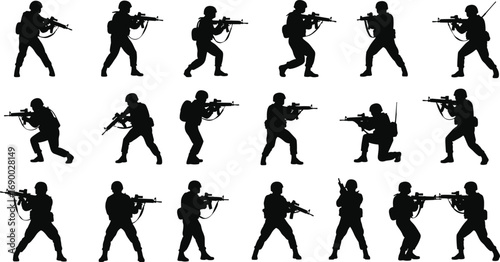Army soldier silhouettes with rifles, military combat training, tactical forces, war weapons, defense battle, armed fighters, special operations, warrior illustration