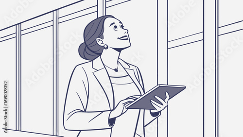 Businesswoman using tablet looking up hopeful expression modern office illustration vector art.