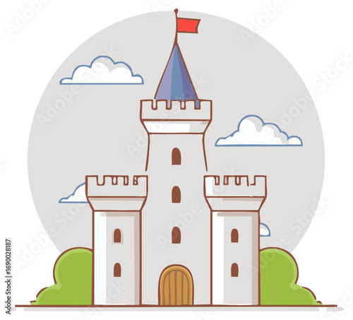 Cartoon castle illustration with clouds and green bushes, fantasy design.