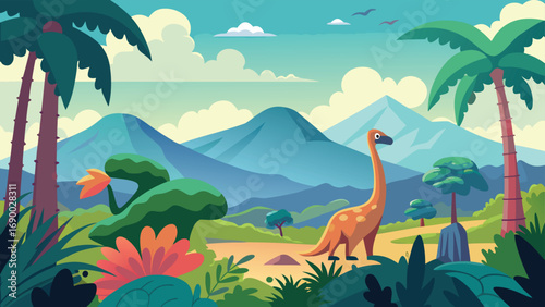 Brachiosaurus Dinosaur Cartoon Illustration Amidst Palm Trees, Mountains and Tropical Plants Landscape